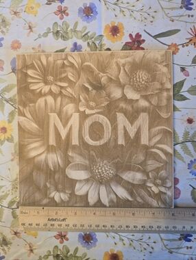 Wooden Floral "MOM" Plaque - Neutral Wood Tone 8x8